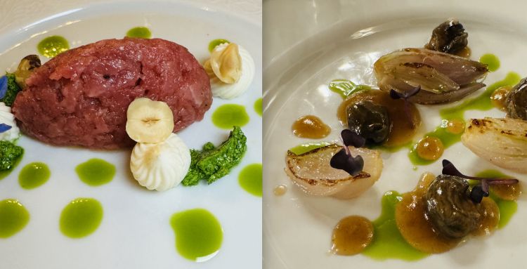 Battuta di manzo con cremoso di caciocavallo, nocciole piemontesi e gocce di rucola, Lumaca Bolognese