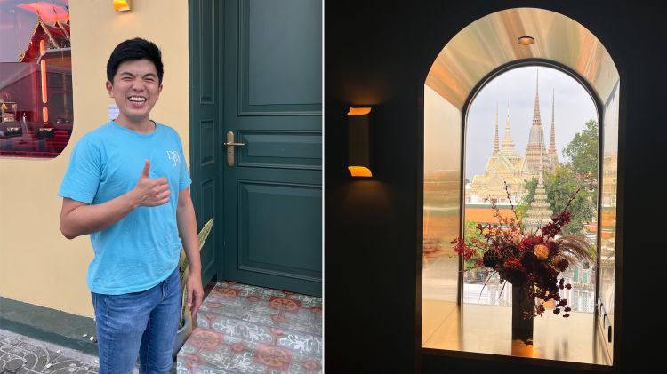 ThiTid Tassanakajohn, detto Chef Ton, 8 ristoranti tra Bangkok, Phuket, Filippine, Taipei e Hong Kong. Tra questi, Le Du, in vetta alla classifica della 50Best Asia 2023. Nella foto è davanti alla prossima sede di Nusara, proprio davanti al complesso dei templi della città