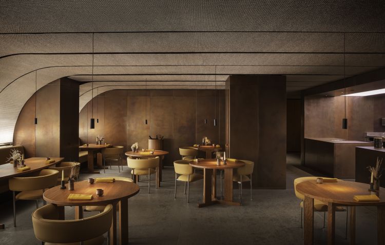 La sala intreccia rame, pietra, acciaio, pelle e quercia (foto Irina Boersma)