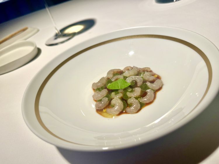 Grey shrimps from the Marano lagoon, their bisque, sorrel in sauce and leaf, juniper and fir oil. Delicious, it contains the only taste of sea that we will find on the entire menu
