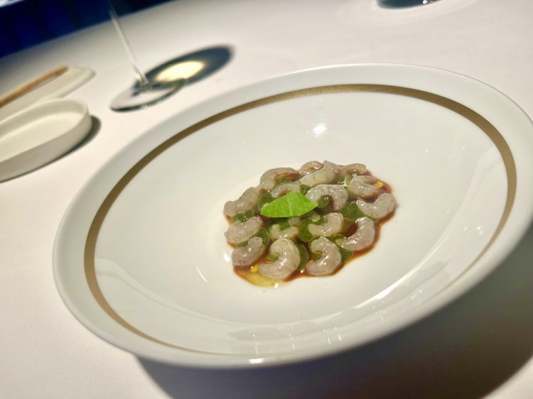 Grey shrimps from the Marano lagoon, their bisque, sorrel in sauce and leaf, juniper and fir oil. Delicious, it contains the only taste of sea that we will find on the entire menu
