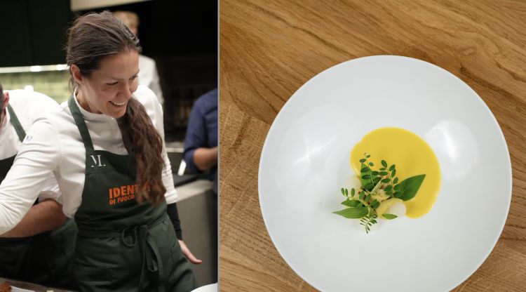 La canadese Jessica Rosval, padrona di casa al Gatto Verde di Casa Maria Luigia. Instancabile, loquace e sorridente per tutta la durata della manifestazione, ha cucinato una buona fetta del suo menu di casa, spalmata nel corso di due cene e un pranzo (con gli abbinamenti jam di Beppe Palmieri e Luca Gardini, di cui ci occupiamo altrove). Nella foto a destra, Sud, un gioco delizioso in apertura della prima cena tra citricità siciliane, mandorle amare (prevalenti al gusto) e salsa di acciughe

