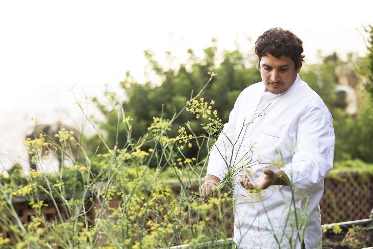 Mauro Colagreco in the gardens at Mirazur, a haven and a strong point in the lockdown, a source of inspiration for the reopening. It’s here that Mirazur Experience begins, a new chapter for the three-starred restaurant. Photo Matteo Carassale
