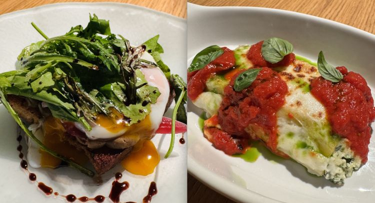 Crostone con uovo pochè, patè di fegatini ed erbe selvatiche e Cannelloni di magro con ricotta e spinaci