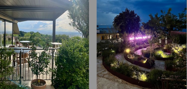 Il panorama sull'Adriatico e la spirale fiorita di erbe spontanee