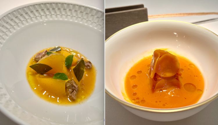 Pesche, basilico e olive
La pesca è marinata nel suo succo. Alla base c'è una cagliata di nocciola, mentre la salsa è di pomodoro e pesca. Sopra, foglia di basilico, foglia di cappero e olive. Il menu estivo aveva inizio con un delizioso piatto fresco, di frutta
Carota
L'ultima evoluzione di un piatto mono-ingrediente tra i più riusciti del menu. La carota è in forma di succo, purea, cubetti, fettine e caramello. Dolcezza e acidità in equilibrio forte e stabile
