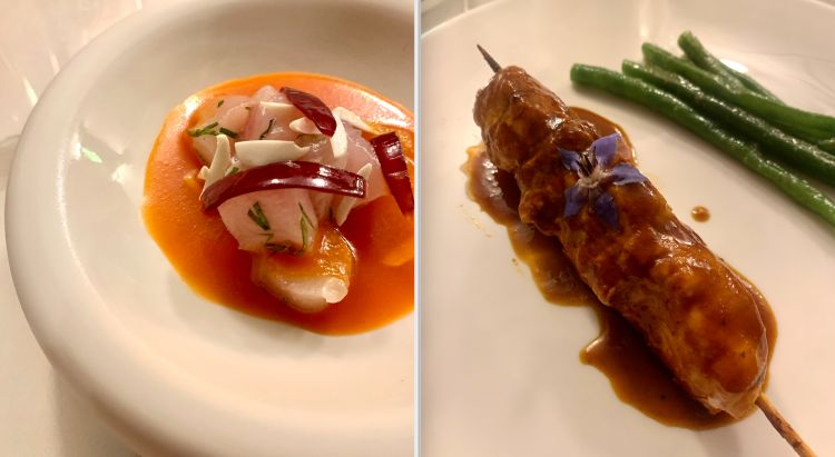 Due piatti della serata: a sinistra, Ceviche di ricciola, peperone, mandorle e basilico; a destra Pollo alla brace, salsa anticuchera e fagiolini
