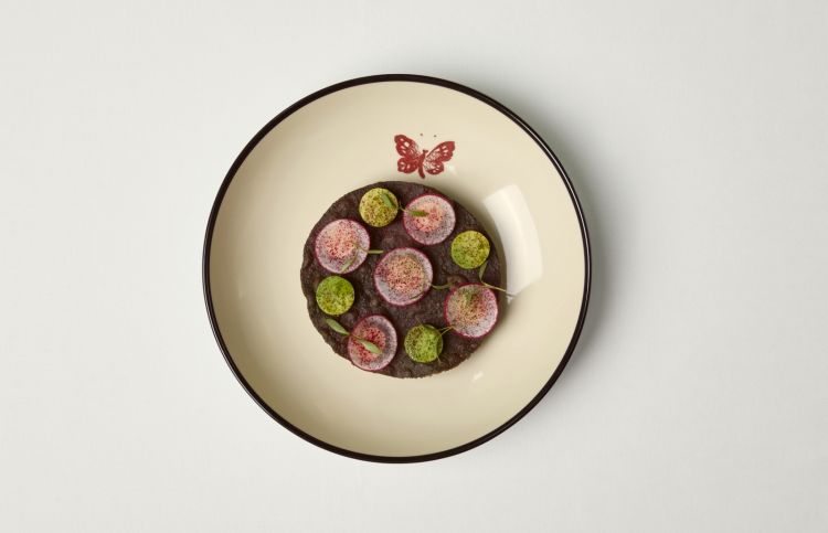 Tostada di mais viola, piatto simbolo di Karime Lopez: palamita marinata con tostada di mais viola