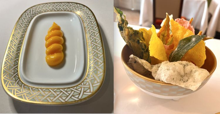 The tasting begins: butter with marinated egg yolk (a drug tempting you for a good portion of the meal) and the traditional chips of crispy rice. Not in the photo, the breadsticks
