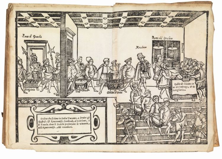 Procedure per servire cibi e bevande ai cardinali durante un Conclave. L'illustrazione è tratta dalle Opera (1570) di Bartolomeo Scappi. Vi si legge: "Ordine che si tiene in Sedia Vacante, à servire gli illustriss. et reverendiss. cardinali al Conclave, sì di tavola, dove gli scalchi presentano le vivande delli Reverensiss. alli reveditori", ossia agli ispettori. Tali "vivande" sono "robbe di cucina, come di credenza, et di botigliaria". Si vedono sulla sinistra i soldati sorvegliare l'entrata in una stanza di portatori di cibo "in delivery", guidati da un mazziere, per poi lasciarlo su un tavolo dove sono accomodati appunto i "riveditori", gli ispettori. Dietro di loro si scorgono due ruote attraverso le quali gli alimenti sarebbero giunti alfine ai cardinali riuniti
