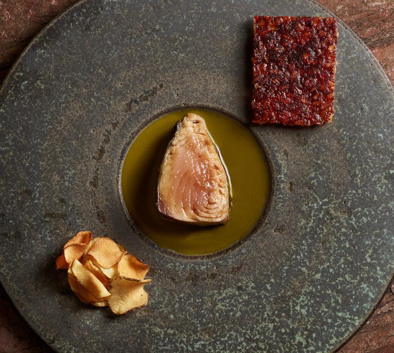 Bonito, rice, vine leaves, Jerusalem artichoke 
