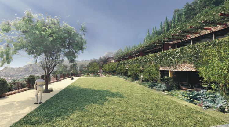 Particolare dell'hotel che sorgerà entro il 2026 sopra a Villa Rosmarino, e pochi passi dal ristorante Mirazur