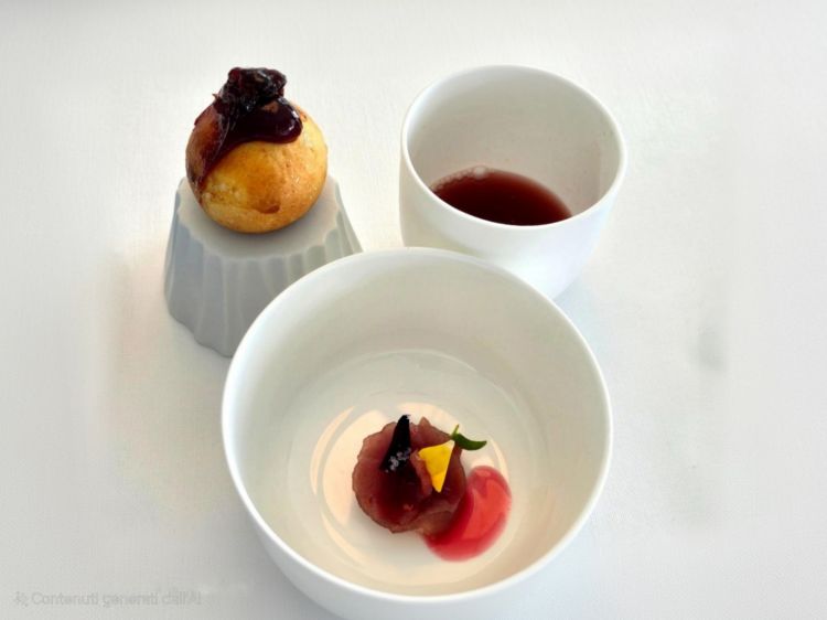 Rosa di tonno crudo su gazpacho di rapa rossa con pane al latte di soia, confettura di ciliegia e un tè tiepido ai frutti rossi