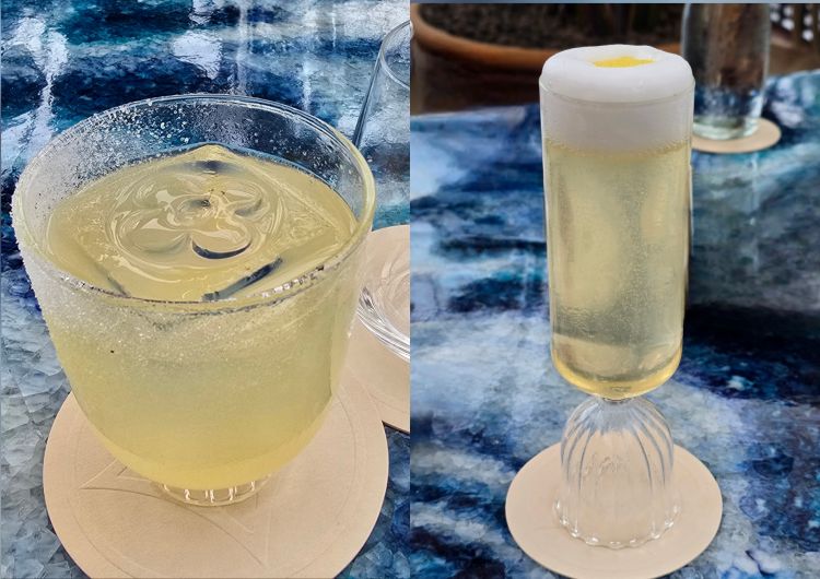 Da sinistra: Monogram Journey con gin, marmellata di pompelmo rosa e soda al vino spumante e arancia amara e The Gattopardo in Paris con vodka, oleo saccharum agli agrumi, Green Chartreuse e champagne