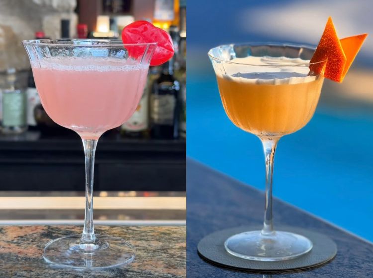 Da sinistra, GIO-politan (twist caprese sul Cosmopolitan) e Luna Caprese (vodka, limoncello, limone, Jasmine e orange bitter)