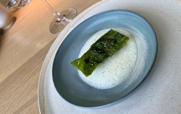 Potato wrapped in sea lettuce
Under the layer of rehydrated sea lettuce, there’s a fried potato dumpling, glazed with an emulsion of koji and piso. Around, a foam of tomato water with a small touch of parsley
