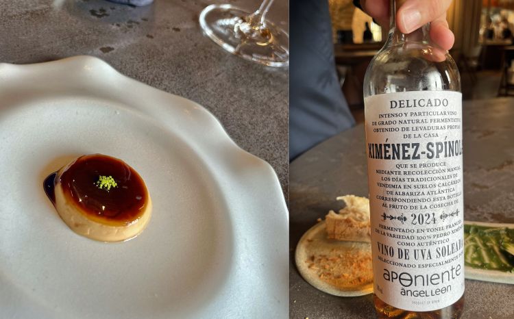 Flan di uova, mela e finocchio
Ha inizio con questo flan di uova di pesce la terza e ultima parte del menu di Aponiente, la parte della Cocina Maritima Dulce. E continua con gli splendidi calici del territorio, molti in forma di private label Aponiente