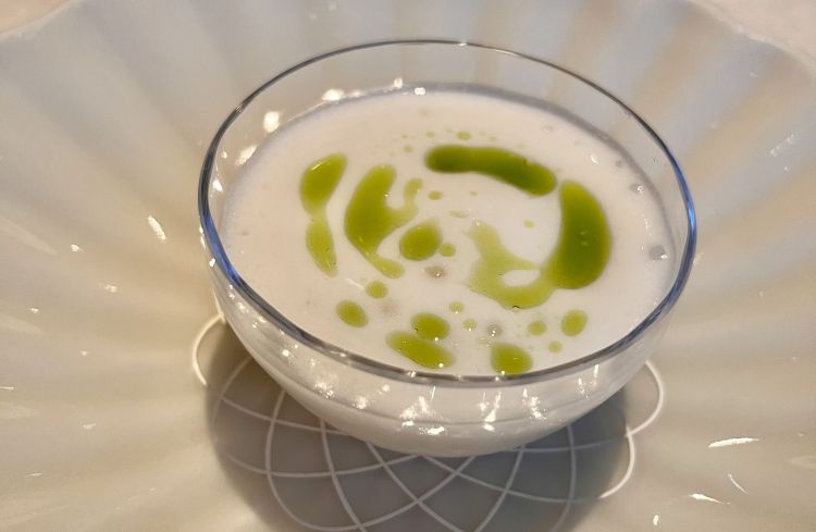 Aroma of black locust, wood sorrel & frozen ymer
Ymer is a Danish sour milk, served frozen. It’s the first of 7 Sweets, the last third of the menu

