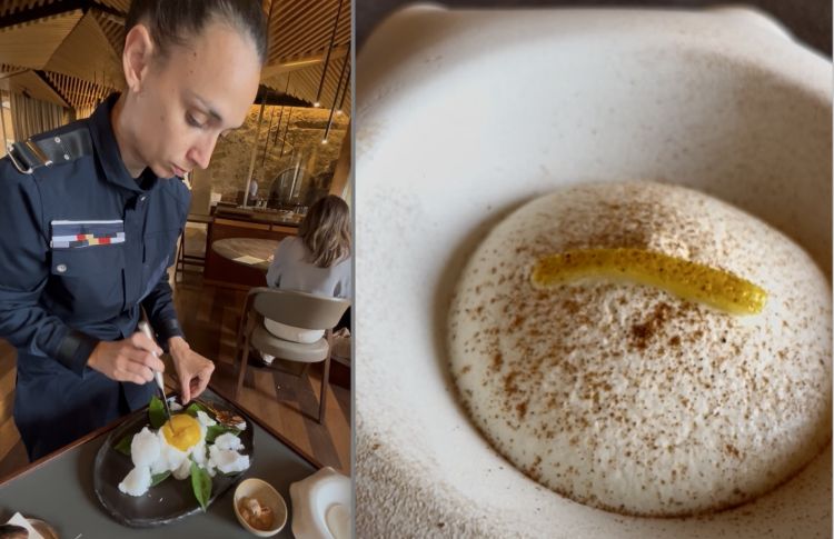 Limone e sal viva
Scenica applicazione al tavolo della nota tecnica di cottura del "sale vivo" di Angel Leon, prodotto dalla reazione di una soluzione di acqua e acetato di sodio riscaldata e poi versata sull'alimento (pesce, di solito, qui sul limone). Genera una cottura simile alla bassa temperatura