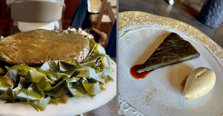 Tarte tatin di alghe
Prima presentata al tavolo nella sua interezza e poi porzionata. Bellissima, buonissima