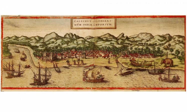 Una immagine di Calicut, India pubblicata nel 1572 durante il controllo portoghese del commercio del pepe
