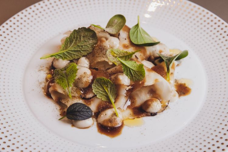 Sedano rapa come un tonnato, maionese, fondo vegetale, polvere di capperi e Mix Vivace Planet Farms
