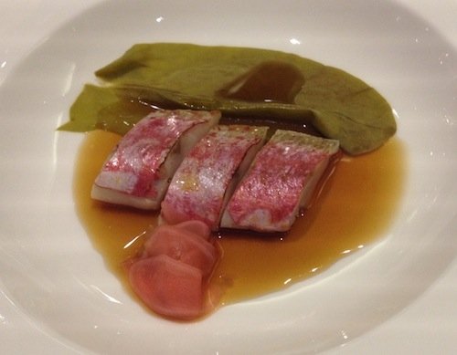 Mullet, sorrel and tamarind sauce, one of the dishes Cesar and Léo Troisgros presented in Milan