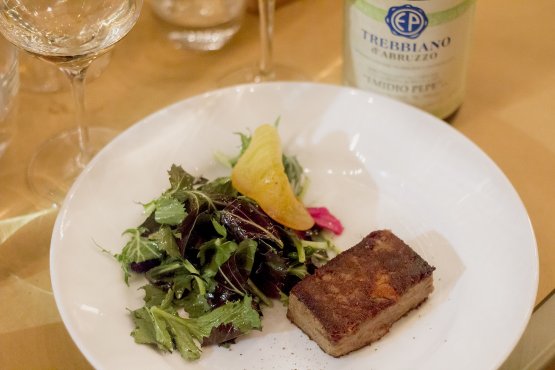 Lamb terrine with mizuna and persimmon, paired with a 2012 Trebbiano