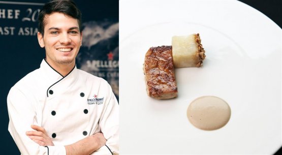 Zonarelli e il piatto con le quali ha vinto le selezioni Northeast Asia della S.Pellegrino Young Chef 2016: Sweetbreads, celeriac & hazelnuts, ossia Animella di vitello, sedano rapa e nocciole
