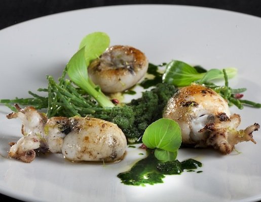 Squid with seaweed granita, salicornia and pink pepper