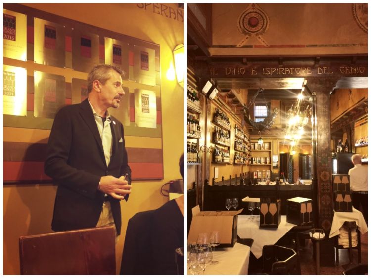 A sinistra il presidente dell'Associazione Famiglie Storiche della Valpolicella, Pierangelo Tommasi. Fondamentale, nel lungo percorso di progettazione e disegno di questo nuovo calice il contributo, la consulenza e il confronto costante con l’associazione stessa, che riunisce 13 cantine della Valpolicella, produttrici di Amarone e non solo. A destra: la sala dell’Antica Bottega del Vino di Verona
