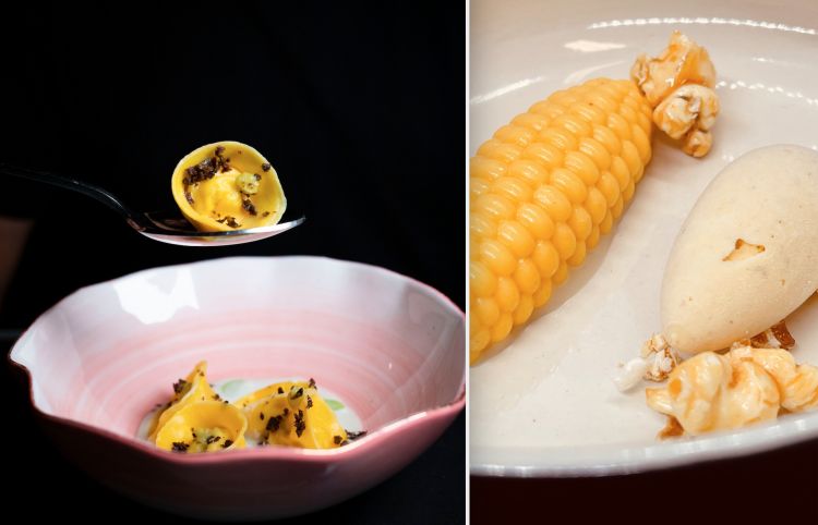 I due piatti di Cristina Bowerman: Tortelli di coniglio stufato, cocco curry verde, fagioli di soia, buccia di lime e polvere di olive e Pop corn, frutti acidi e dulce de leche

