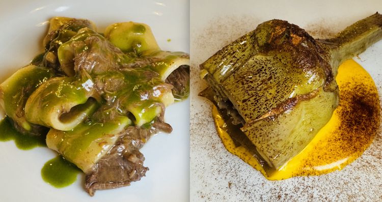 Calamarata con ragù di pecora e salsa di erbette e Carciofo con cremoso di zafferano e polvere di liquirizia