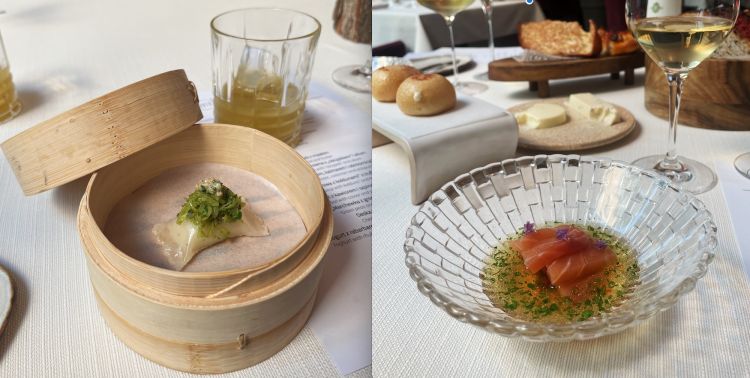 Pierogi ripieno di patate porri, pecorino e Trota salmonata affumicata con un brodo d'aglio