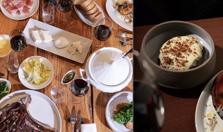 Vince la condivisione. A destra, Carciofo alla brace, spuma di patate e&nbsp;quinoa croccante
