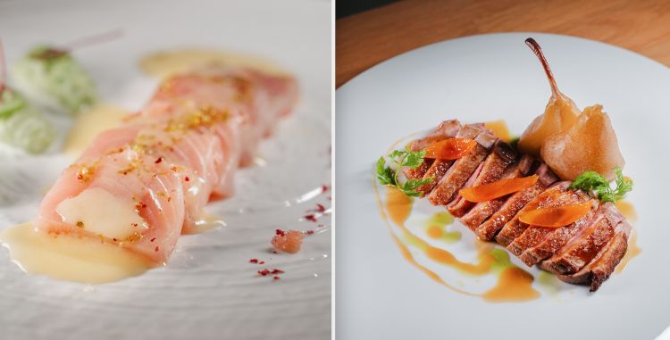 Ceviche di ricciola, estratto allo yuzu e pepe rosa e Anatra Canette de Barberie, salsa all'arancia e Grand Marnier