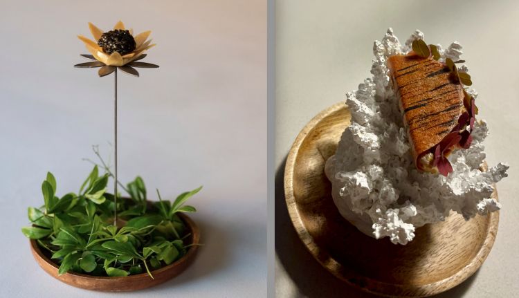 Due dei quattro appetizer che si godono seduti nella Green Room, appena dopo l'ingresso del ristorante.
A sinistra Sunflower (foto Henriette Sagfjord), un microbite a forma di girasole stretto tra emulsione d'ostrica, gel di champagne e caviale n°25. Selvaggini è un cultore del caviale: l'N25 è prodotto in Cina e maturato in Germania da un ibrido tra kaluga e schrenkii. Un umami spiccato e una croccantezza delle uova esagerata.
A destra, Hanasand Tomato e Tuna, un taco che trattiene l'amore viscerale del ragazzo per la pasta al tonno e pomodoro: la corazza del taco è pasta stracotta in sugo di pomodoro con un mix di amidi (tapioca, maizena...) poi frullata, stesa, seccata, infornata e spennellata con nero di seppia per generare l'effetto corallo. E' infine passata alla brace per caramellizare gli zuccheri. Nella farcia ci sono i pomodori sem-dry della farm Hanasand, la parte magra del tonno, maionese di peperoncini affumati, cipolla rossa, prezzemolo, basilico. Tre mondi in un assaggio