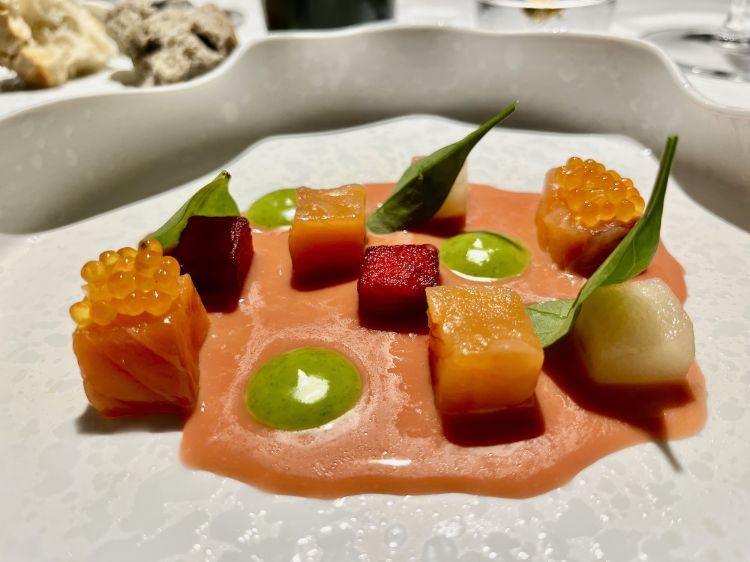 Vipava Valley 1
The first trip to the Vipava Valley smells like pomegranate juice sprinkled (a farewell to winter) between leaves and creamed spinach, apple and pear aromatised in red turnip juice and cubes of salmon trout, marinated for 3 days in sugar and salt