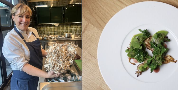 Antonia Klugmann (L'Argine a Vencò, Gorizia) e il piatto preparato per la seconda cena a Casa Maria Luigia: Ravioli alle erbe con maitake (aka grifola frondosa, quella che stringe in mano nella foto) grigliati e prugna fermentata, ennesimo capitolo della passione per lo scrigno di pasta fresca della cuoca triestina. Segni particolari: la pasta è tirata sottilissima e trattiene anche dell'acetosa cotta nel burro, borragine cruda, menta e uno spicchio d'aglio bollito. "Sono felice che Massimo e Jessica mi abbiano invitato", ha spiegato Klugmann, raggiante, "qui mi sento come a casa"
