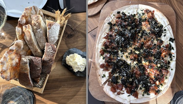 A sinistra, Pane di castagna, pagnotta a crosta dura e Schüttelbrot. A destra, una delle tante proposte di pizza