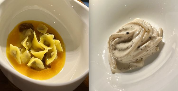 Cappelletti di olive amare, ricci, burro all'arancio
Il piatto della cena, anticipiamo subito, è questo cappelletto con olive amare messe in conserva tra ottobre e novembre con sale e agrumi e poi spadellate. L’alchimia tra il burro all’arancia e i ricci è spettacolare. Il nodo difficile del pairing è sciolto con un cocktail fresco di richiamo: bitter di Baldo Baldinini, tonica mediterranea e infusione d’acqua di mare e agrumi. Ne avremmo mangiato una bacinella
Tonnarello cacio e pepe
Il tonnarello è volutamente scotto per 2/3 minuti. Poi «come insegna Salvatore Tassa», spiega Di Fabio, è asciugato in canovaccio, così da rendere la consistenza nuovamente interessante. Nel condimento non c’è Parmigiano ma “latte” di pinoli (acqua e pinoli frullati) con pepe nero, ginepro e colatura di alici che ricompongono latticità e pizzicorio della cacio e pepe
