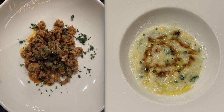 Salsiccia di maiale a punta di coltello, finocchietto selvatico e fonduta di caciocavallo e Billimband (pasta grattugiata con cotto dei fichi, fonduta di caciocavallo podolico e latte)
