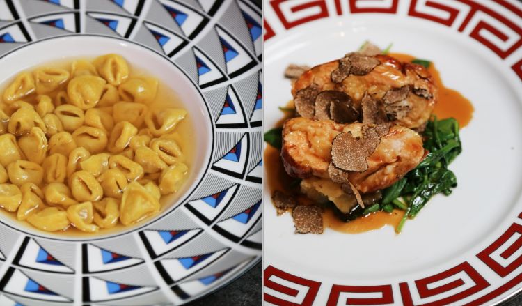 Tortellini in doppio brodo di cappone e Petto di faraona farcito di patate e tartufi