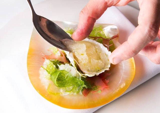Oyster with sake ice, lime and coriander, a dish by Butler in the menu in Bangkok and, as of January, also available in Malta
