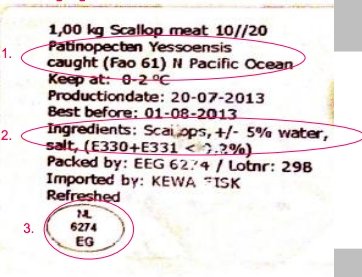 BAD LABEL. The label of a frozen product: the ingredients include water, absorbed by the scallops so as to raise its weight. From Holland 