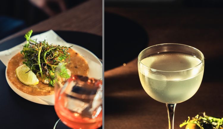 Taco con ceviche di mazzancolle all'olivello spinoso, limone candito al carbone ed erbe e cocktail Pera, gin, Pear eau de vie, cardamomo verde, pera
