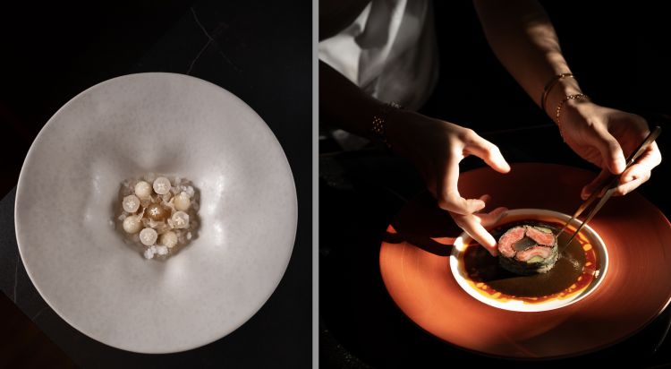 A sinistra, White Lotus, "loto bianco", è un piatto interamente vegetale. Punta a sottolineare le potenzialità delle radici bianche. C’è tutto un lavoro di fermentazioni, marinature e pickling applicato a patate jicama, radici di loto, funghi bianchi (tremella fuciformis) e palloncino (calostoma cinnabarinum). Sopra c’è della jicama fermentata e della granita di amazake (dolcificante ricavato dalla fermentazione del riso). Un piatto rinfrescante, acido e terroso.

A destra, Blackened Curry, Wagyu Mosaic, "curry annerito e mosaico di Wagyu", una riscrittura molto personale del curry che utilizza frutta annerita di 4 specie: lucuma (eggfruit), banane, limetta acida (citrus lime) e sapodilla (Manilkara zapota). Il curry condisce un mosaico di manzo e tendini Wagyu, cucinati con tecniche diverse e avvolti nel cavolo essiccato. E' accompagnato da riso Jasmine di Lampang (nord del paese), affumicato in foglie di bambù.
