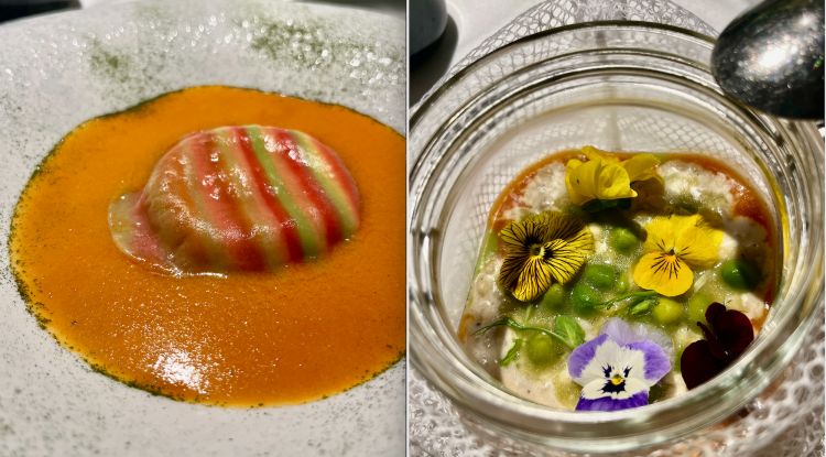 Vipava Valley 2 (left)
The second trip into the region presents a delicious raviolo made of three doughs (tomato, parsley, carrot) with a filling and sauce of trout head, tail and bones. All around, dried parsley stalk powder: “Traditionally, parsley is found everywhere in our cuisine. So much so that I think the Italian saying has Slavic origins.”
Vipava Valley 3 (right)
Inside the jar (served in a fishing net), there is barley (“traditionally, we don't have rice”) cooked in sour milk cream with a bit of langoustine bisque, snapper with flowers and peas