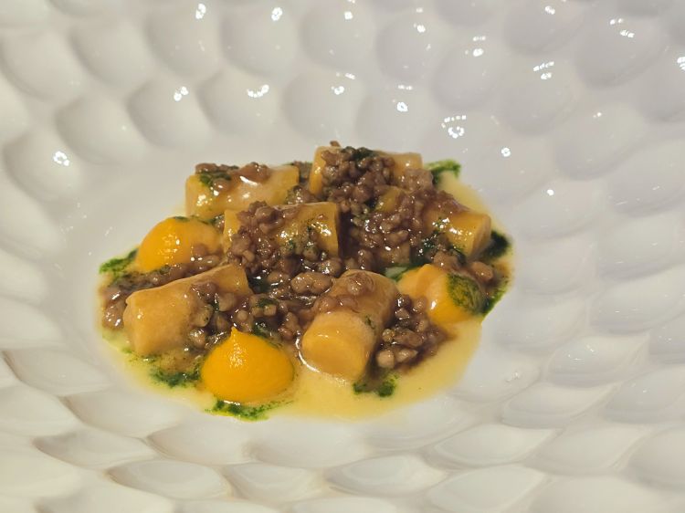 Carota: gnocchetti fatti con carote di Ispica, ragù espresso di coniglio, cardamomo e clorofilla estratta dal finocchietto selvatico