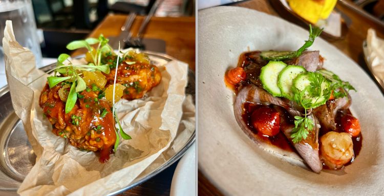 A sinistra, un favoloso gioco tra agrodolce e fritto: Cervello fritto all'american barbecue texano, chutney di ananas ed erba cipollina. A destra, Carpaccio di lingua, salsa brava, teriyaki di bisque, crudo di gamberi, essenza di gambero affumicato, zucchine trombetta